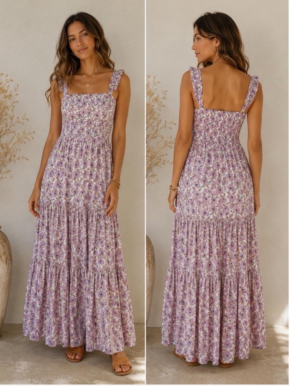Floral Pink Tiered Maxi Dress with Ruffle Straps